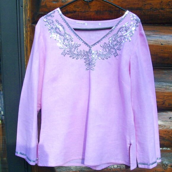 Source Unknown Tops - EUC Pink Sequin Embellished Tunic Linen type fabric SZ M